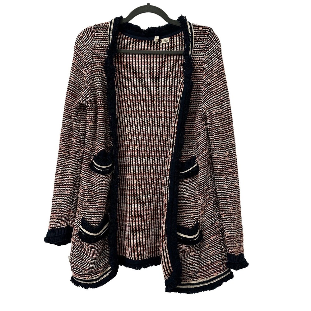 Anthropologie Moth Textured Knit‎ Open Front Cardigan M Pink Navy Tweed Preppy